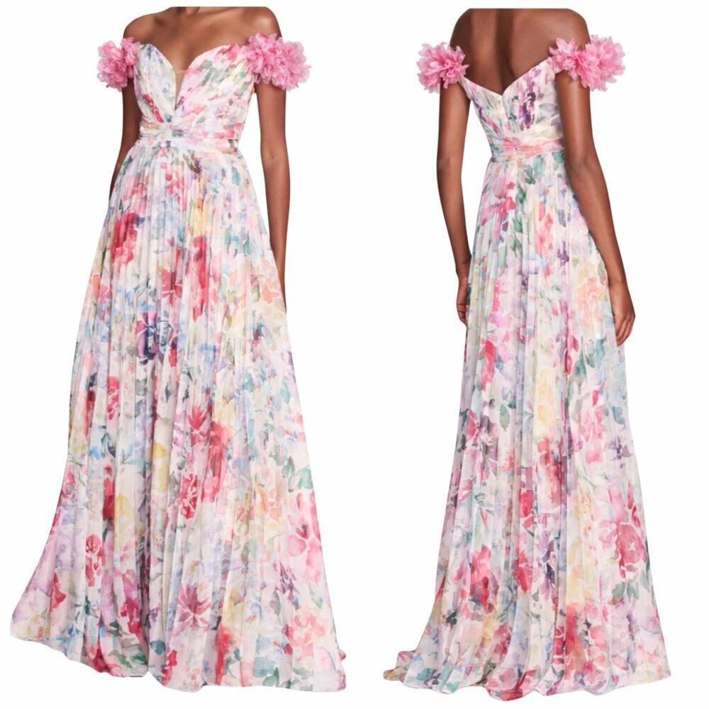 Marchesa Notte Aquarelle Floral Chiffon Gown Pink Size 6 Sample